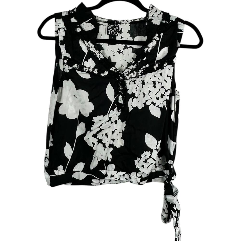 Clara Sun Woo Black White Floral Design Top XS